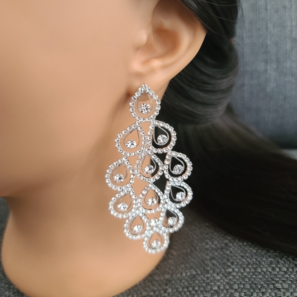 PLATINUM SILVER CZ Chandelier Earrings Waterfall Statement Bridal Wedding Bling - Picture 8 of 10